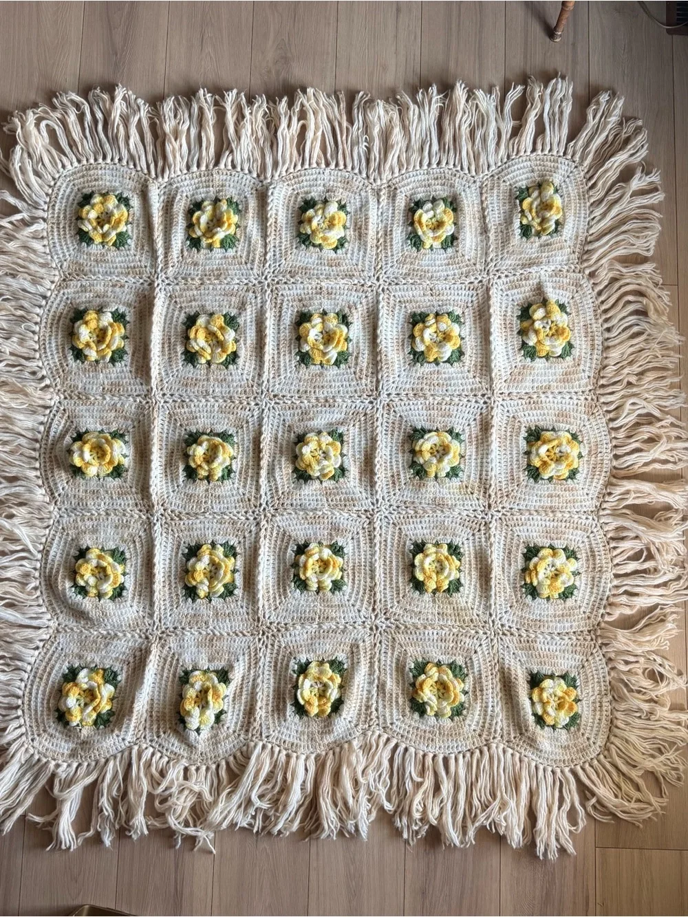 Cream & Yellow Floral Crochet Throw Blanket - Cozy Decorative Accent